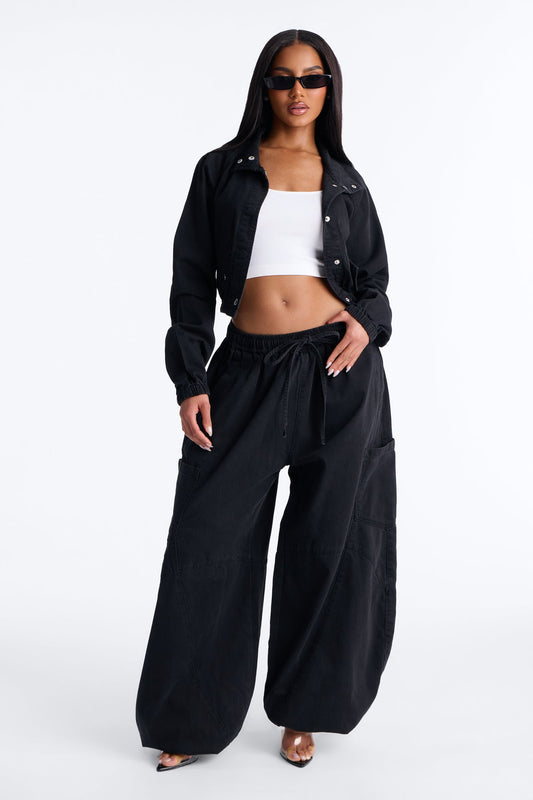 Premium Drapey Moto Denim Bomber Jacket - Black Wash