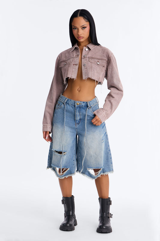 My Better Half Raw Hem Cropped Denim Jacket - Brown