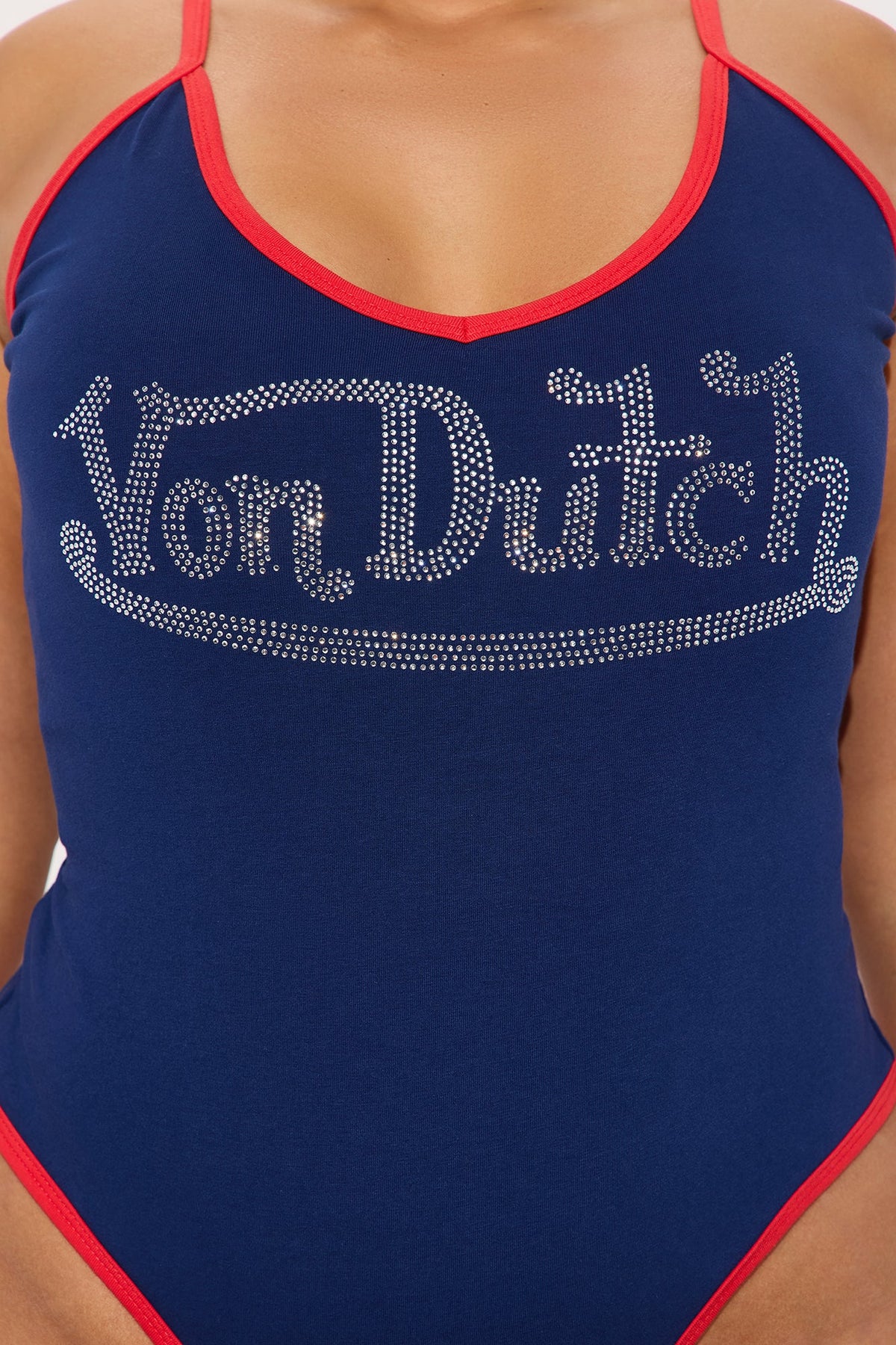 Von Dutch Rhinestone Washed Bodysuit - Navy/Red