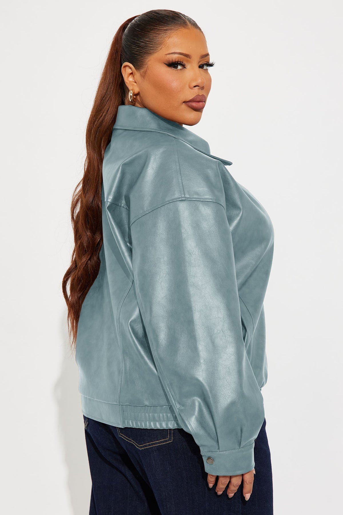 Hustle Mode Oversized Faux Leather Jacket - Slate Blue