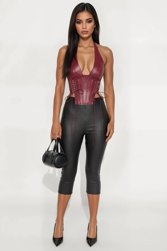 The Baddest Faux Leather Corset Top - Burgundy
