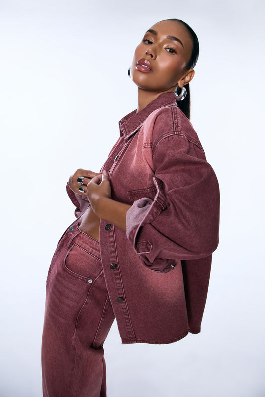 Slow Fade Denim Shacket - Burgundy