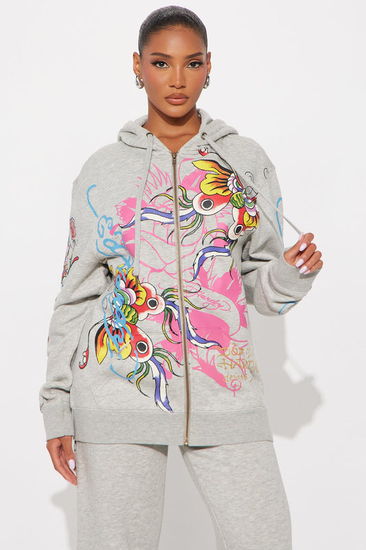 Ed Hardy Butterflies Zip Up Oversized Hoodie - Heather Grey