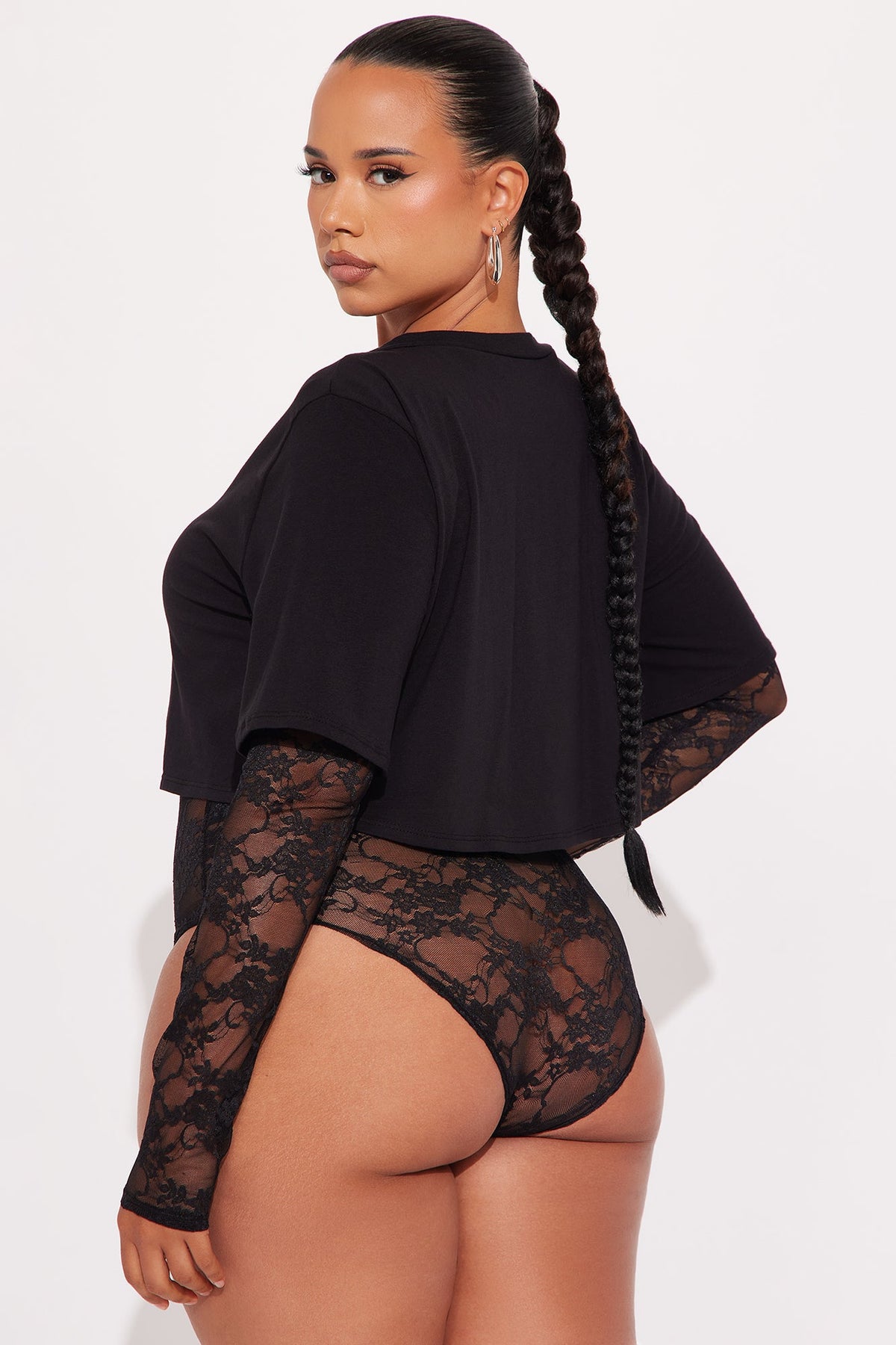 Unmatched Long Sleeve Lace Bodysuit - Black