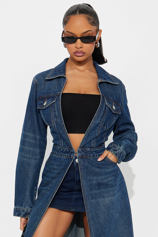 Making Moves Denim Trench Coat - Medium Wash