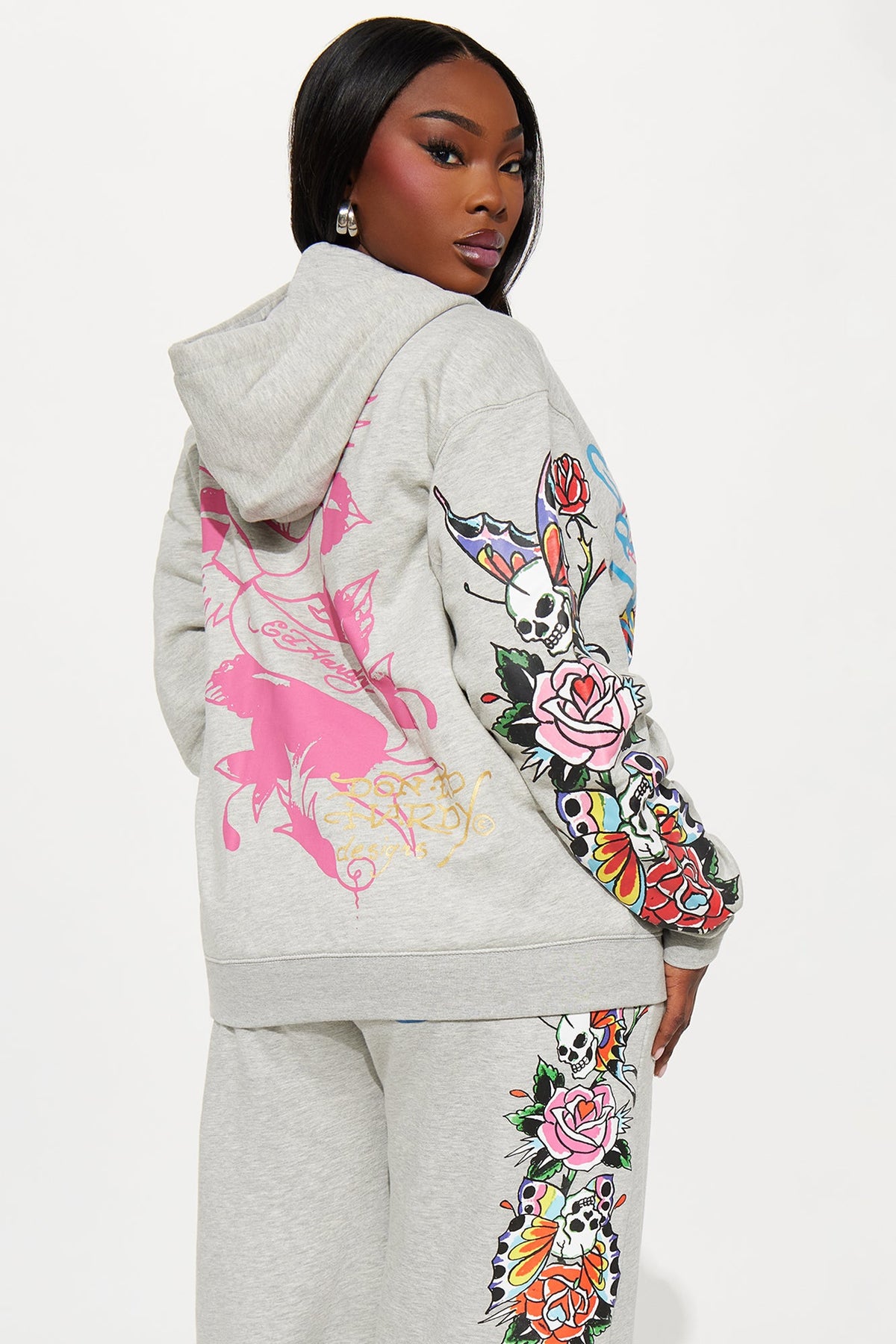 Ed Hardy Butterflies Zip Up Oversized Hoodie - Heather Grey