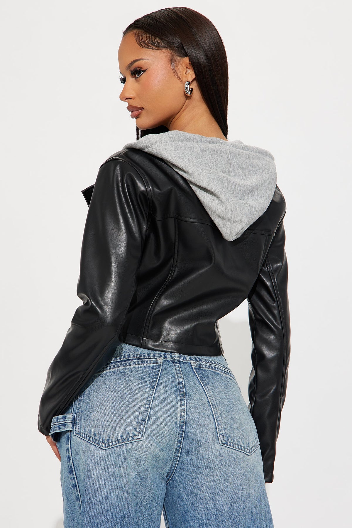Callie Hooded Faux Leather Moto Jacket - Black