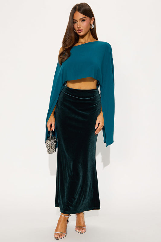 Soft Hearts Satin Off Shoulder Cape Top - Teal