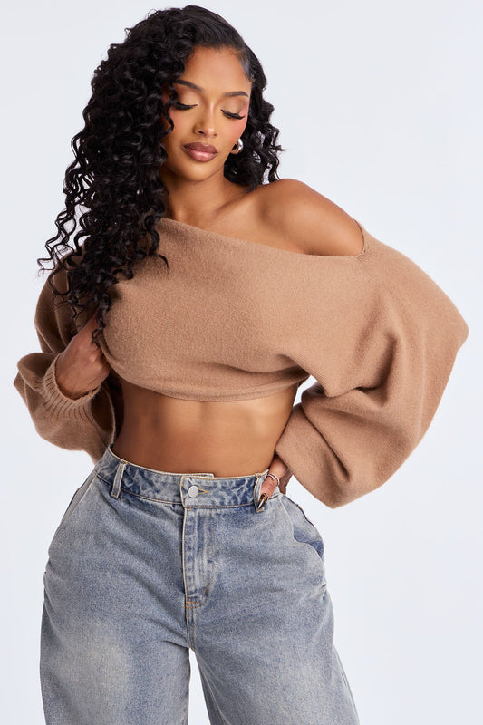 Love Away One Shoulder Sweater Top - Mocha
