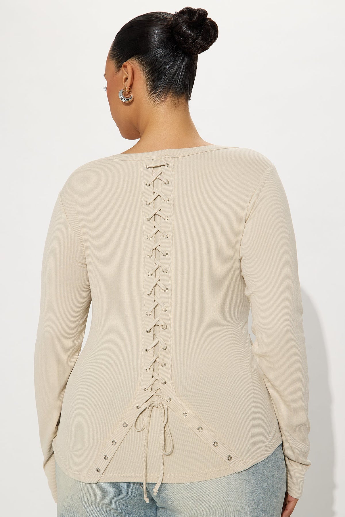 Bree Lace Up Ribbed Long Sleeve Top - Sand