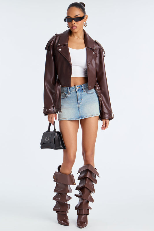 Fast Lane Faux Leather Moto Jacket - Brown