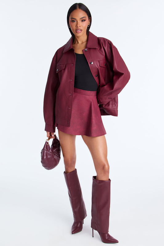 Mila Oversized Faux Leather Jacket - Burgundy