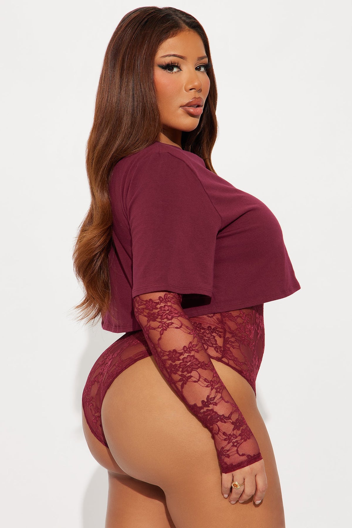 Unmatched Long Sleeve Lace Bodysuit - Burgundy
