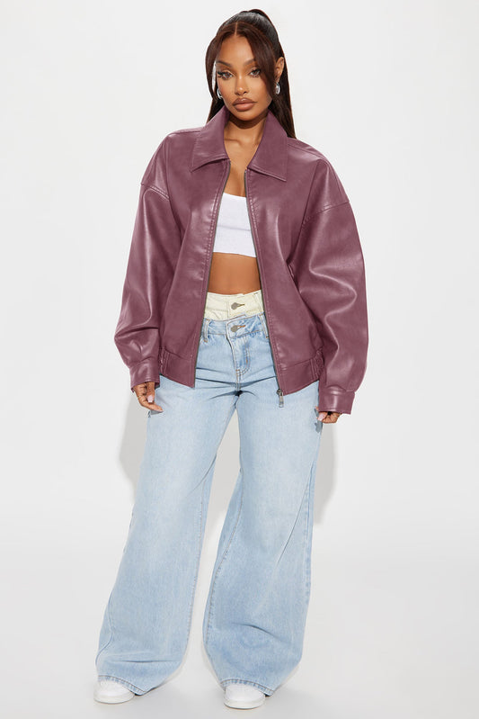 Hustle Mode Oversized Faux Leather Jacket - Lilac