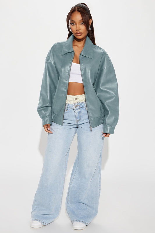 Hustle Mode Oversized Faux Leather Jacket - Slate Blue