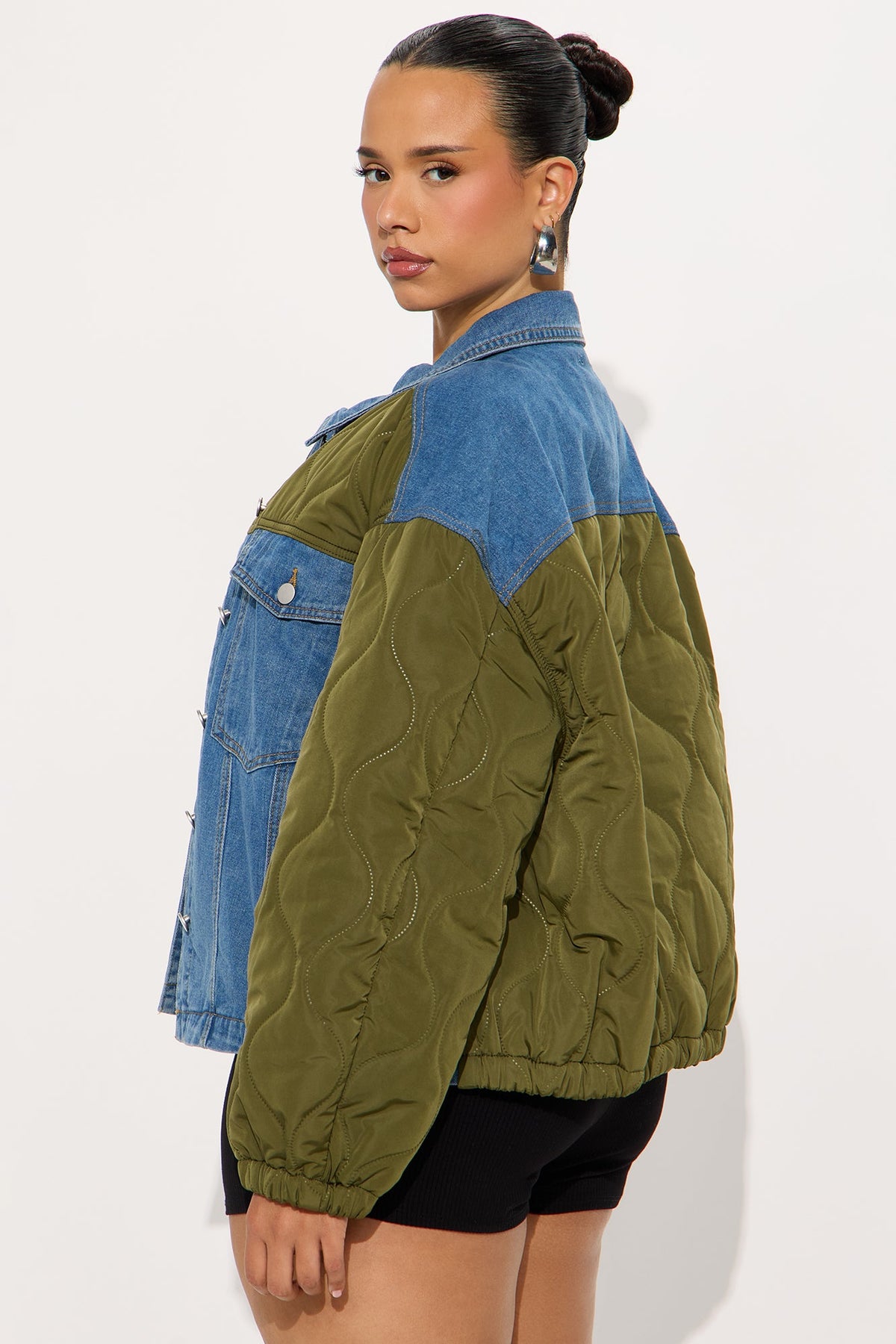 Hadley Quilted Fabric Mix Trucker Jacket - Olive/combo