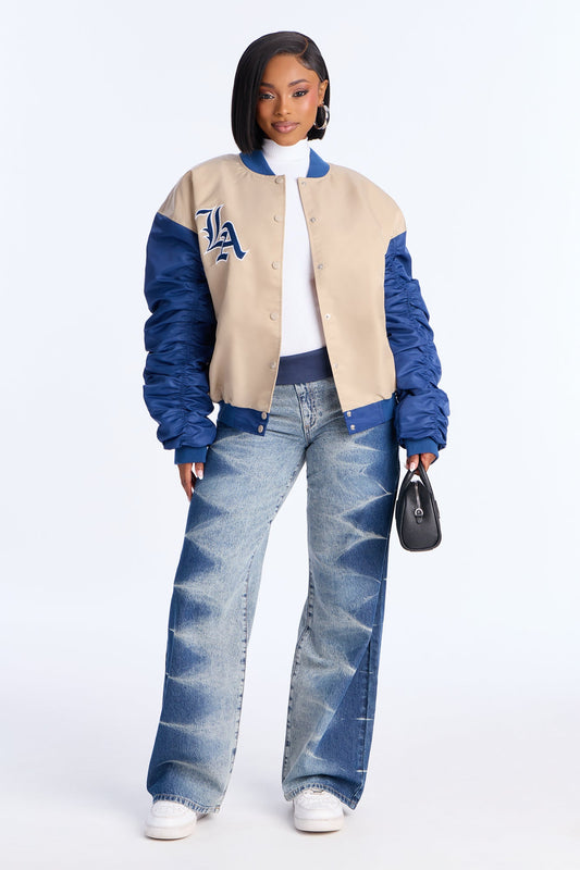 LA Hustle Oversized Ruched Bomber Jacket - Navy/combo