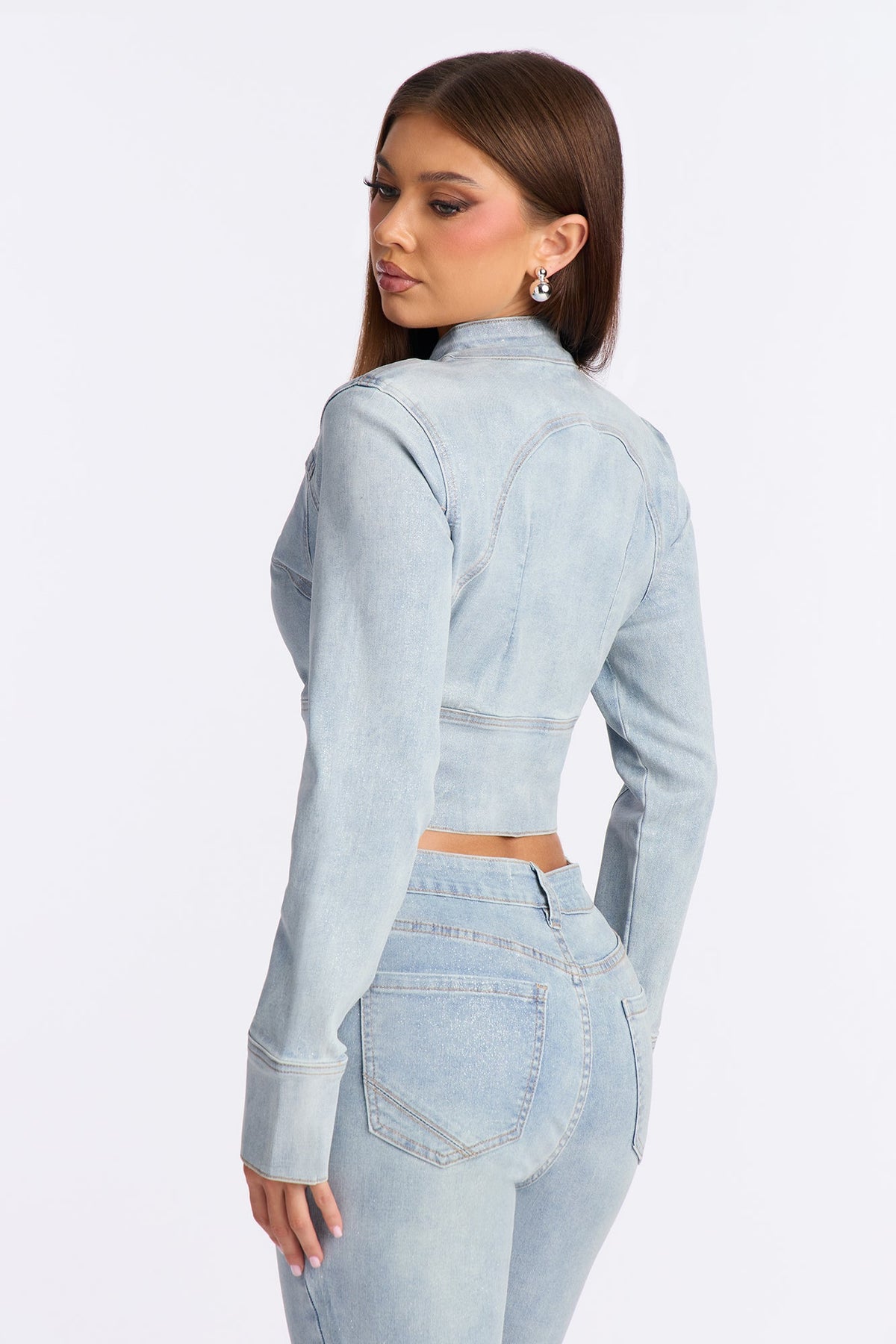 Gemma Glitter Foil Denim Moto Jacket - Light Wash