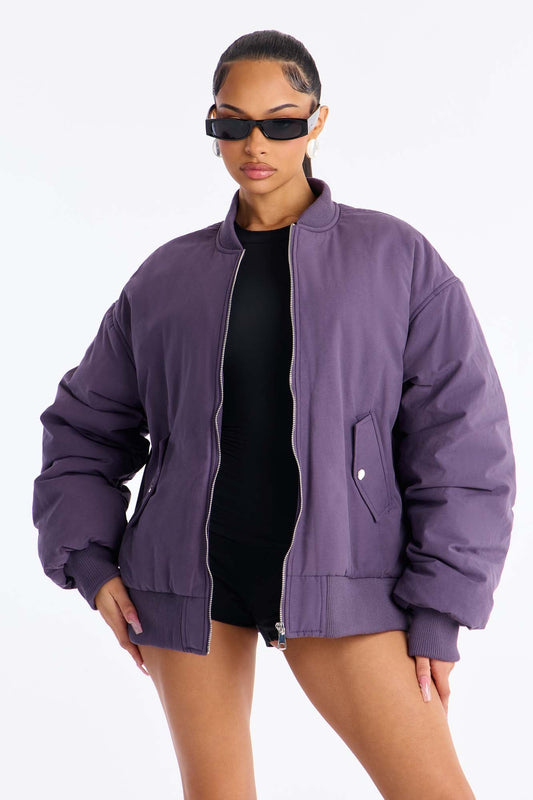 Juno Oversized Barrel Sleeve Bomber Jacket - Eggplant