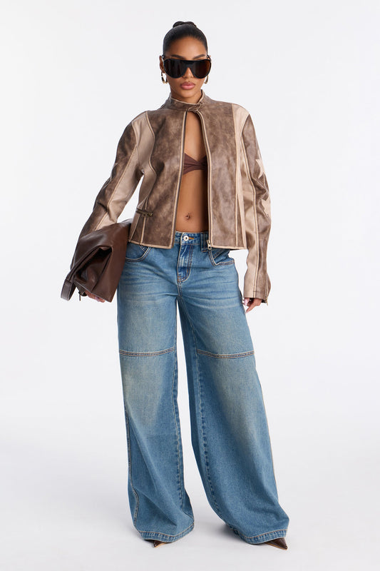 Anaya Star Washed Faux Leather Bomber Jacket - Mocha