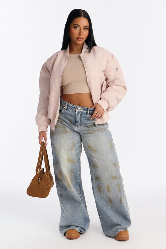 Bet On It Nylon Oversized Bomber Jacket - Pink