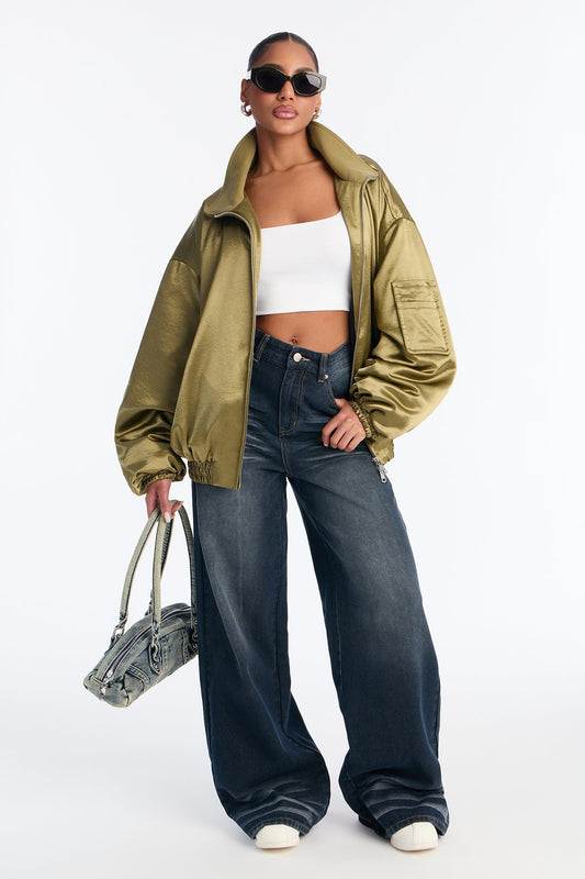 Remy Cargo Satin Bomber Jacket - Olive
