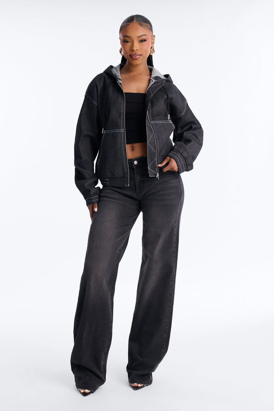 CiCI Stretch Denim Hooded Bomber Jacket - Black