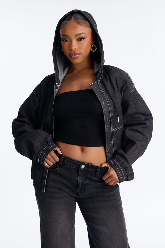 CiCI Stretch Denim Hooded Bomber Jacket - Black