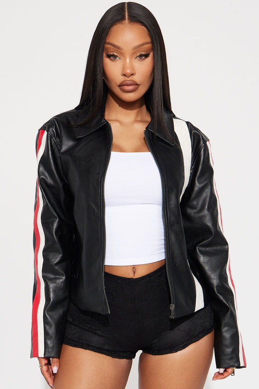Crossed The Line Faux Leather Moto Jacket - Black