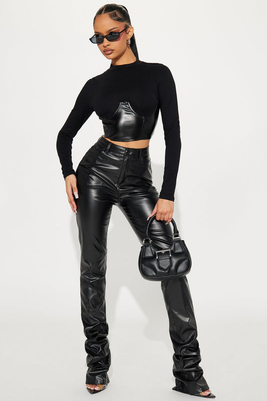 Valentina Mixed Faux Leather Top - Black