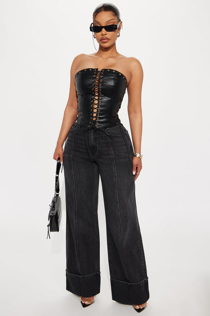 A Piece Of Work Faux Leather Lace Up Top - Black