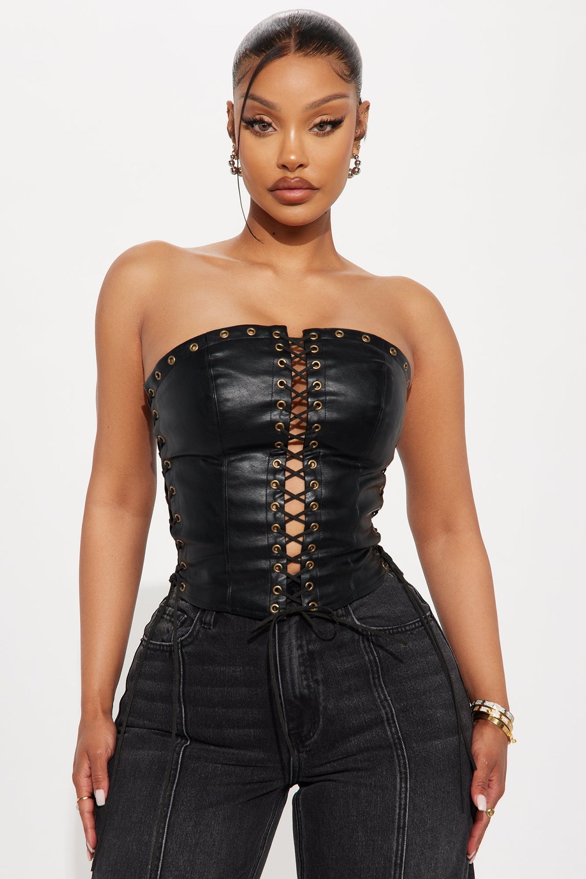 A Piece Of Work Faux Leather Lace Up Top - Black