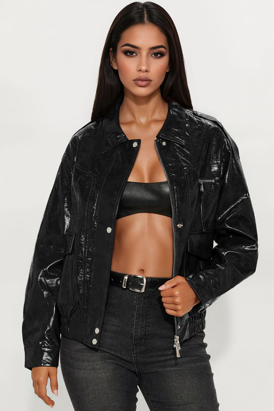 Follow My Lead Faux Leather Oversized Bomber Jacket - Black