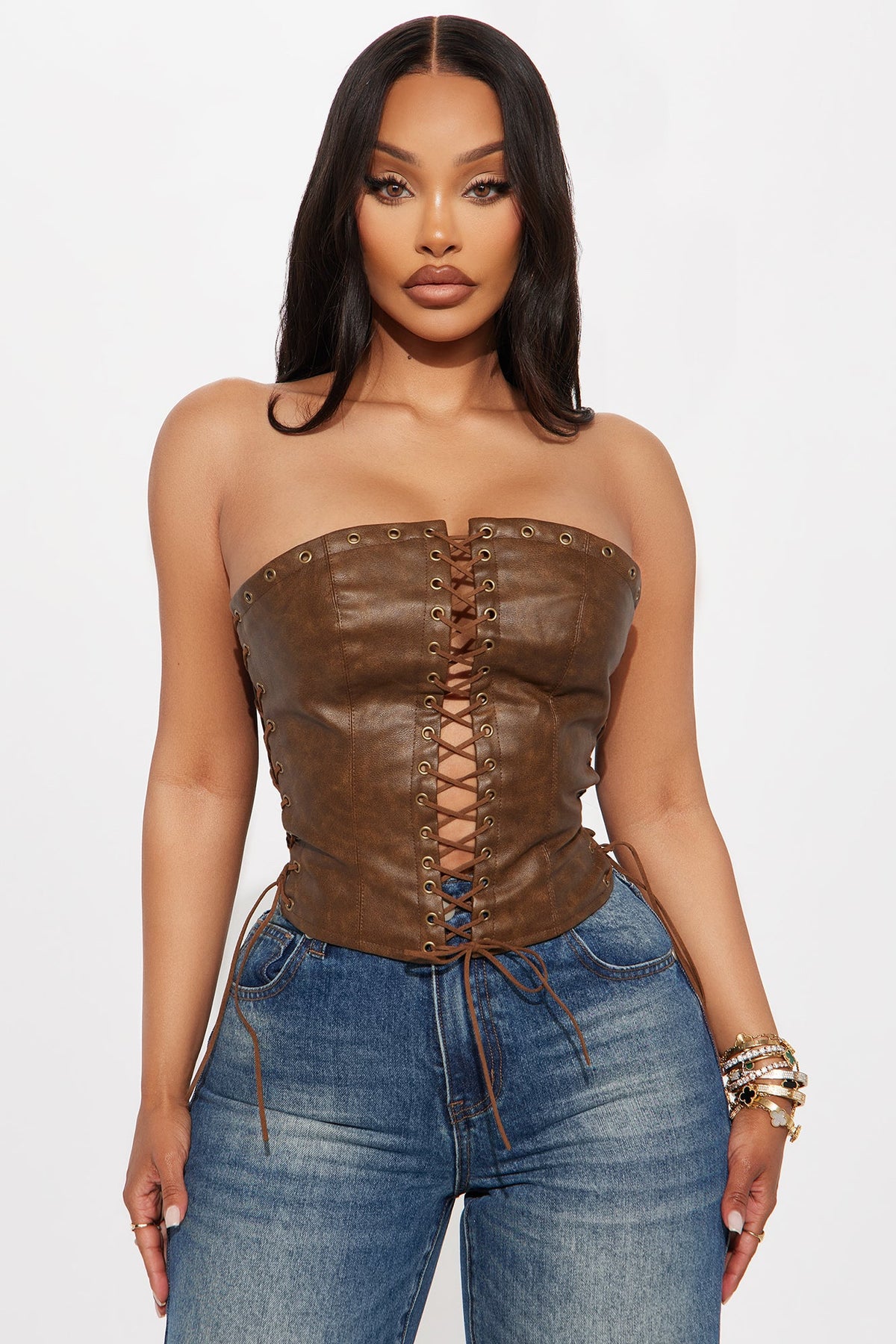 A Piece Of Work Faux Leather Lace Up Top - Brown