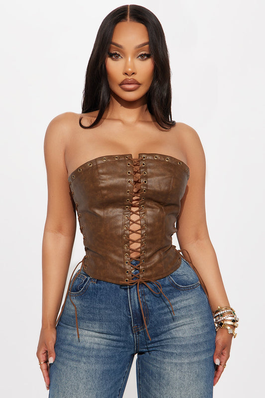 A Piece Of Work Faux Leather Lace Up Top - Brown