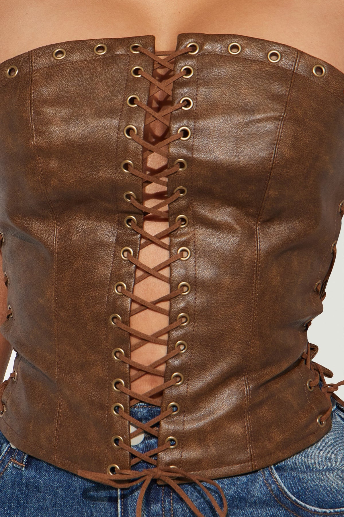 A Piece Of Work Faux Leather Lace Up Top - Brown