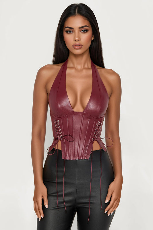 The Baddest Faux Leather Corset Top - Burgundy