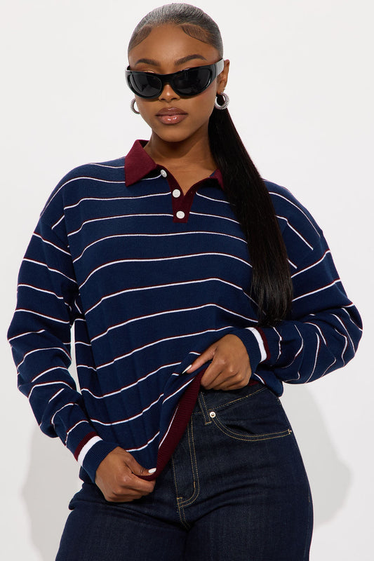 Living In Stripes Polo Sweater - Navy/Red