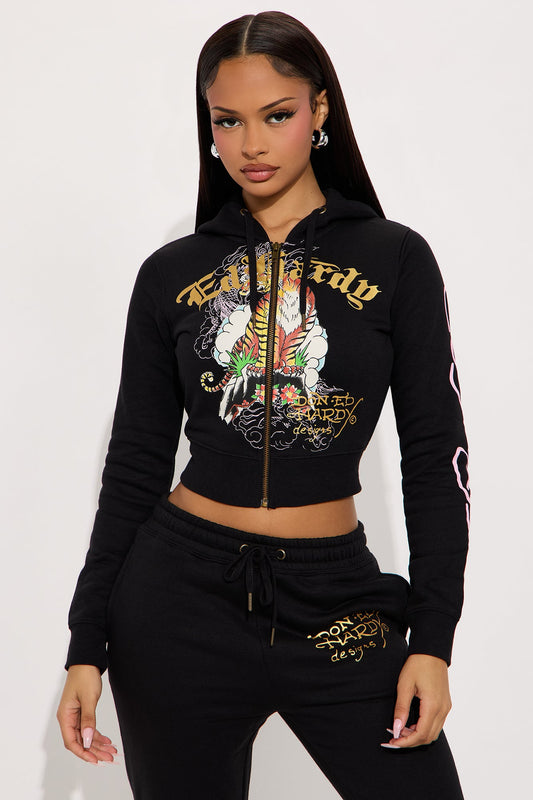 Ed Hardy Tiger Cliff Zip Up Hoodie - Black