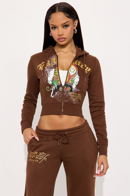 Ed Hardy Tiger Peak Zip Up Hoodie - Brown