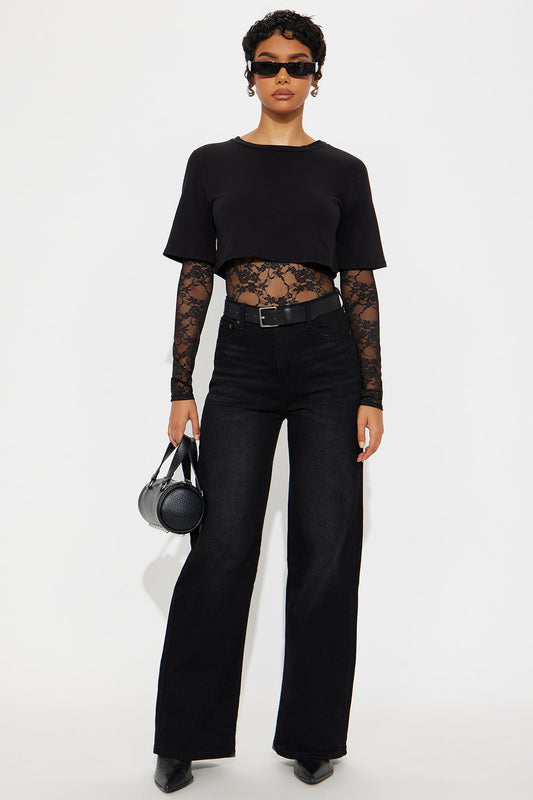 Unmatched Long Sleeve Lace Bodysuit - Black