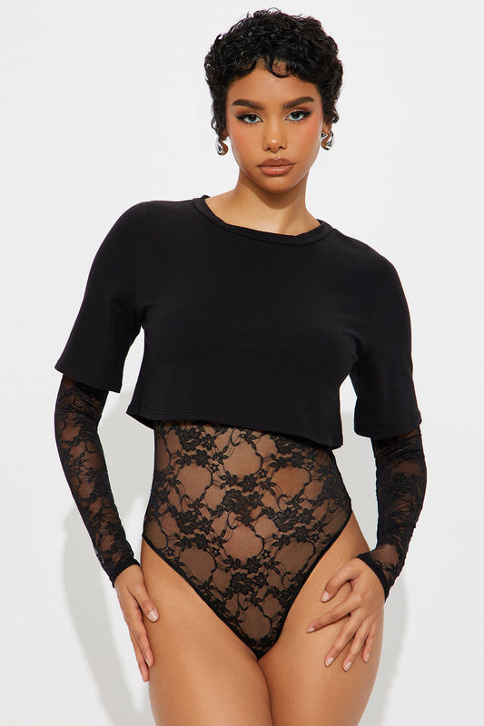 Unmatched Long Sleeve Lace Bodysuit - Black