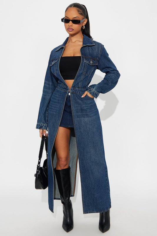 Making Moves Denim Trench Coat - Medium Wash