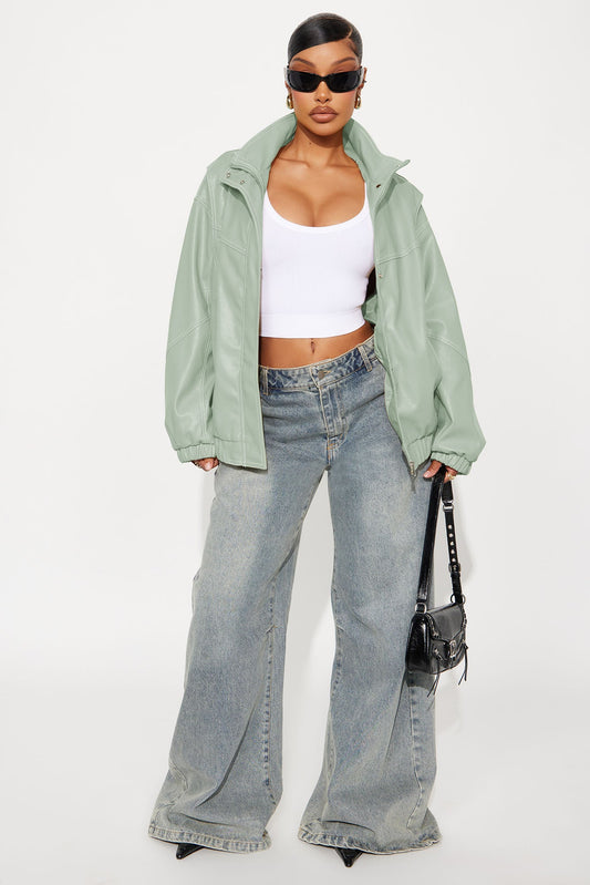 Stella Faux Leather Bomber Jacket - Sage