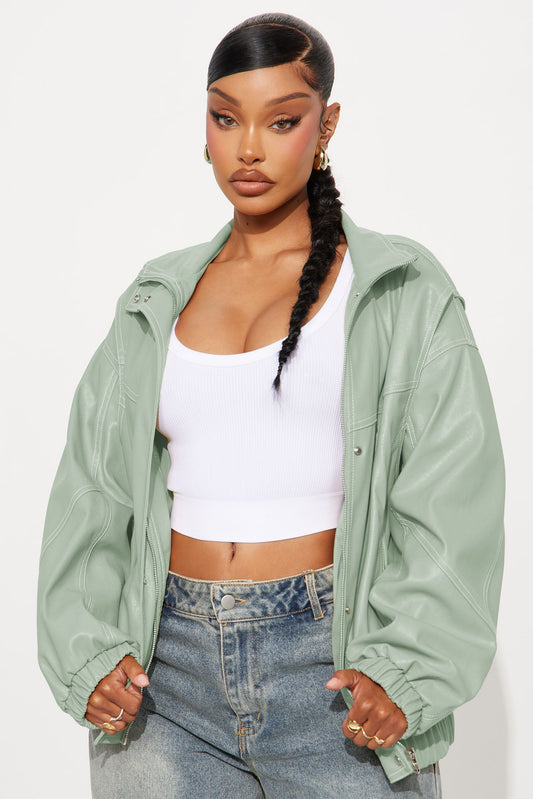 Stella Faux Leather Bomber Jacket - Sage