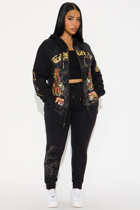Ed Hardy Deja Vu Tiger Zip Up Hoodie - Black
