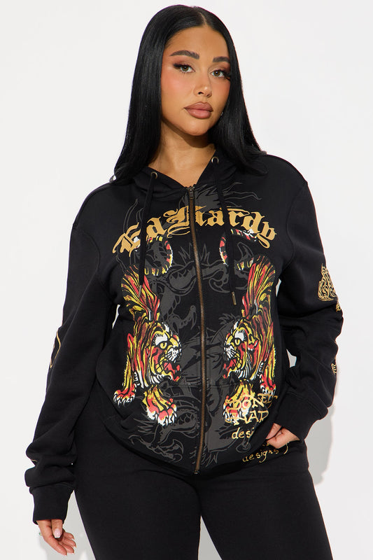 Ed Hardy Deja Vu Tiger Zip Up Hoodie - Black