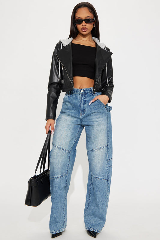 Callie Hooded Faux Leather Moto Jacket - Black