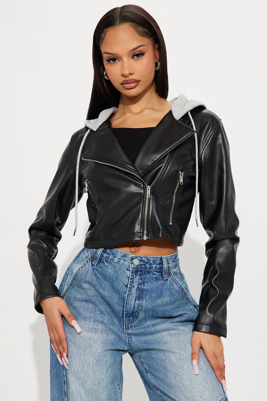 Callie Hooded Faux Leather Moto Jacket - Black