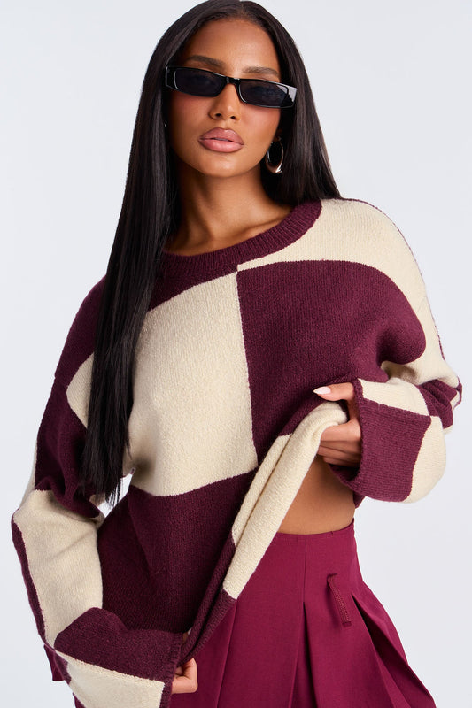 High Demand Checkered Sweater - Wine/combo